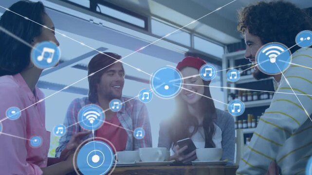Woman tapping phone starting node web with WiFi chat icons spreading across table, showing tech