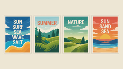 A collection of four framed posters depicting summer themes sun surf nature and sandy beaches with vibrant colors high quality professional detailed modern elegant stylish clean © Raian