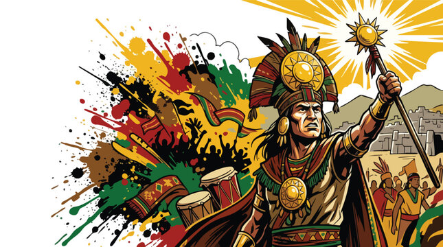 Inti Raymi Festival Graphic Art with Traditional Attire and Sun Staff