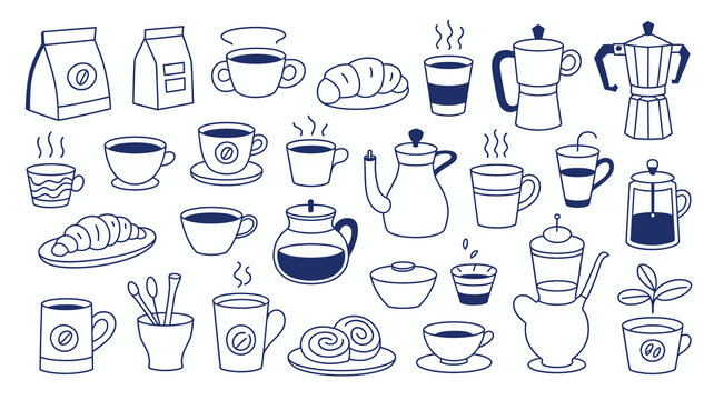 A collection of blue line art illustrations depicts various coffee and breakfast items including cups pots croissants and pastries high quality professional detailed modern elegant stylish