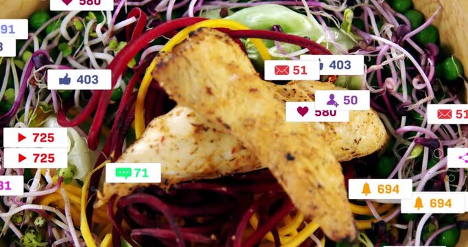 On publish social icons appearing then clearing, revealing chicken coming into focus, driving likes