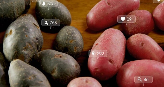 UI bubbles appearing on load, clustering and drifting over potatoes, showing engagement metrics