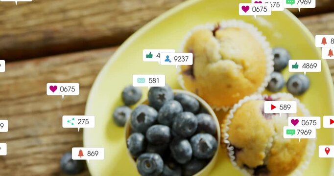Blueberry cup and muffins drawing social media bubbles post trending, bubbles multiplying, clearing