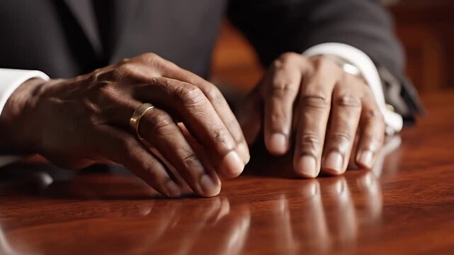 Man's hands with wedding ring resting on polished wooden table