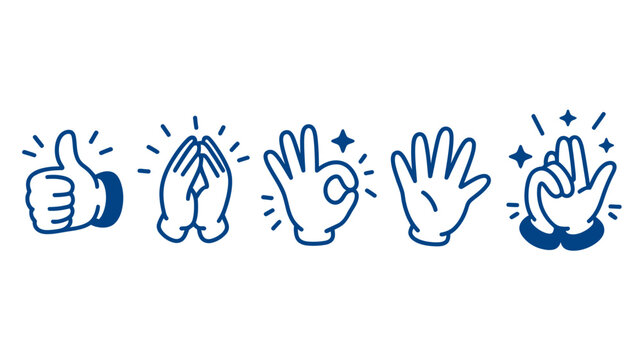 A series of five blue hand gestures are depicted showing a thumbs up praying hands open palm ok sign and a snapping hand high quality professional