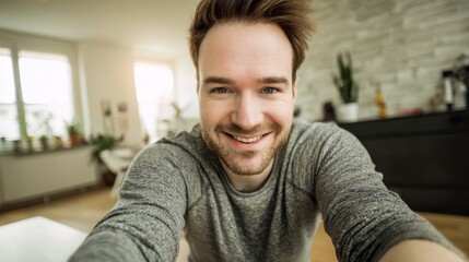 A young man taking a selfie at home, his Caucasian face is photogenic, with a happy smile and visible teeth. The living room is modern, with an indoor atmosphere. 