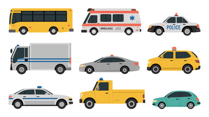 A colorful illustration depicts a variety of emergency and service vehicles including buses ambulances police cars and utility trucks high quality professional detailed modern elegant stylish © Raian