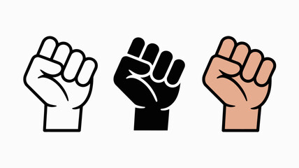 Fototapeta premium Three illustrations depict a clenched fist in varying styles a line drawing a solid black silhouette and a shaded skin toned hand high quality professional detailed