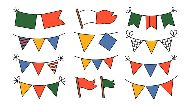 A collection of colorful pennant banners and small flags are displayed seemingly hand drawn with simple lines and vibrant hues high quality professional detailed modern elegant