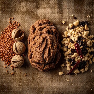 A rustic top view of a rich brown finger millet rapoko paste next to marula nut shells, crushed nut meal, and dried red chilies on a burlap texture.