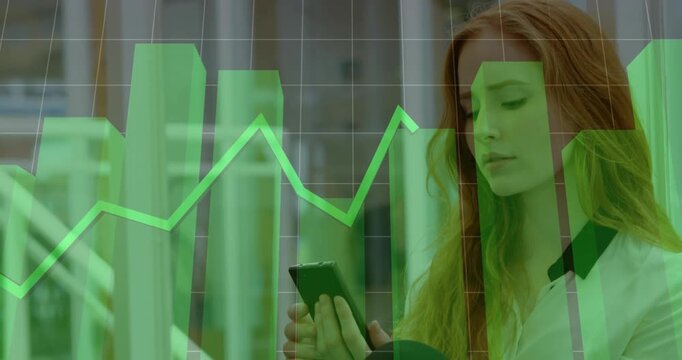Woman sitting on train holding phone tapping and animating green finance charts tracking trends
