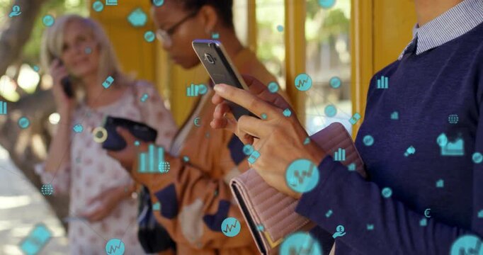 Rightmost woman scrolling smartphone at yellow stop causing floating blue tech icons camera zooming