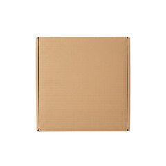 Naklejka premium A square, closed brown recycled cardboard box with subtle fiber texture and sharp edges, centered on a transparent background, representing eco-friendly product packaging concept