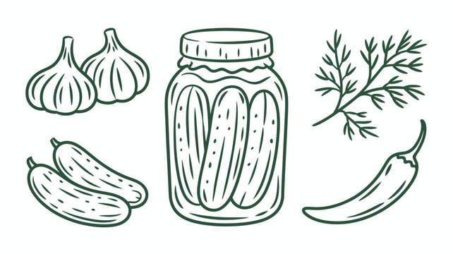 A minimalist line drawing showcases pickled cucumbers in a glass jar accompanied by garlic dill and a chili pepper high quality professional detailed modern elegant stylish