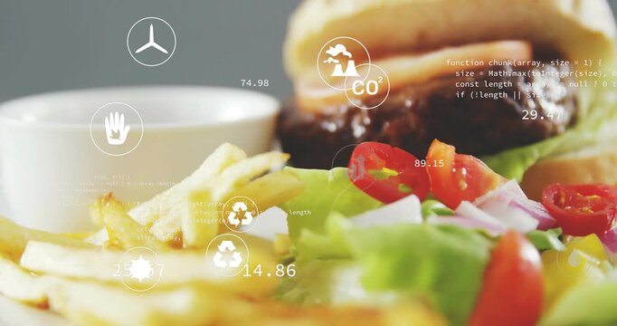Burger and fries centering while camera zooming, overlays updating food CO2 recycling metrics