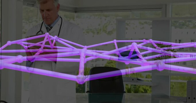 Vertical video: Reacting to purple mesh, Dr with steth in coat checking chart in office, copy space