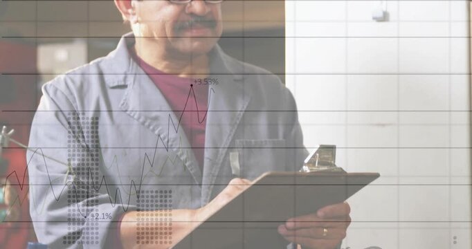 Industrial technician holding clipboard and logging data after mounting, static charts persisting