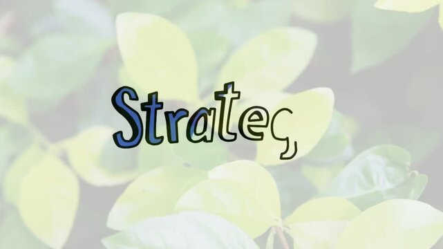 Animated title revealing Strategy on play, drawing letters one-by-one with blue fill for marketing