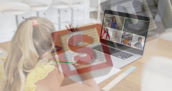 Girl writing notes at oak table, teacher asking on laptop, brief overlay obscuring laptop and table