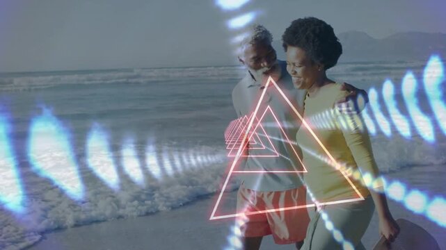 Walking couple holding wide-brim hat, strolling sandy shoreline with neon triangle overlay pulsing