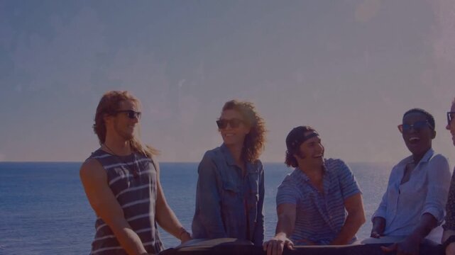 Friends leaning on railing by ocean, newcomer arriving and animated bubbles sparking travel smiles