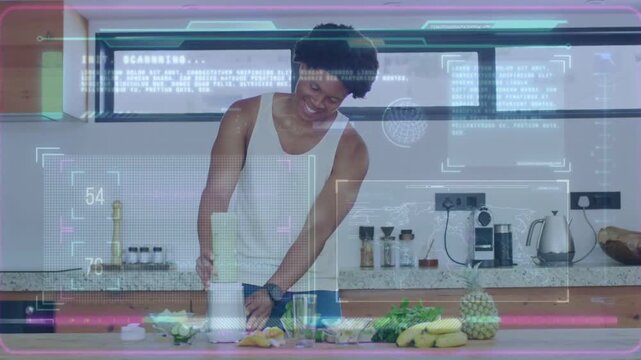 Pressing man in white tank, dark shorts making smoothie at kitchen counter with blender HUD overlay