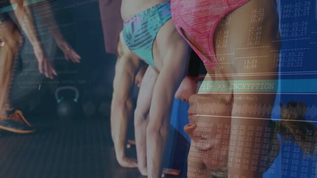 Vertical video: Walking coach cueing trio holding inverted on wall for form, in shorts, encryption