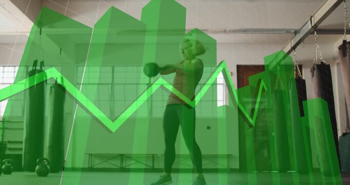 Woman lowering kettlebell and swinging to squat-press, green fitness graphs growing, tracking power