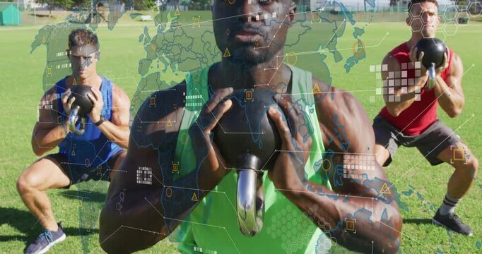 Center man leading kettlebell goblet reps as partners mirroring for fitness on grass HUD overlaying