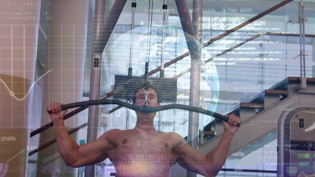 Pulling shirtless man performing lat pulldown at gym, cable machine wide bar digital overlays