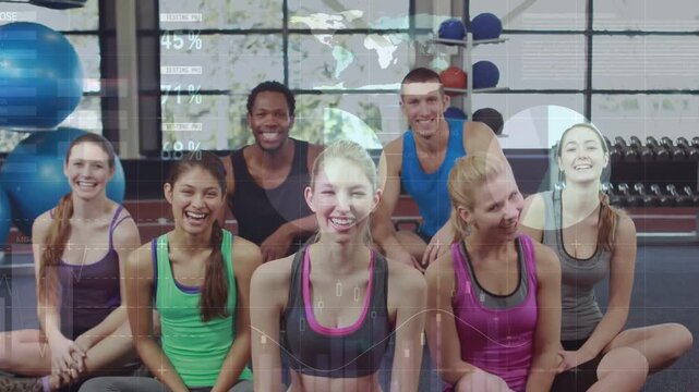 Camera starting capture of fitness group in gym, HUD graphics growing as group celebrating progress