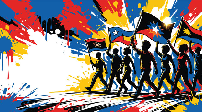 Juneteenth Celebration March with Silhouetted People Holding Flags and Paint Splatters