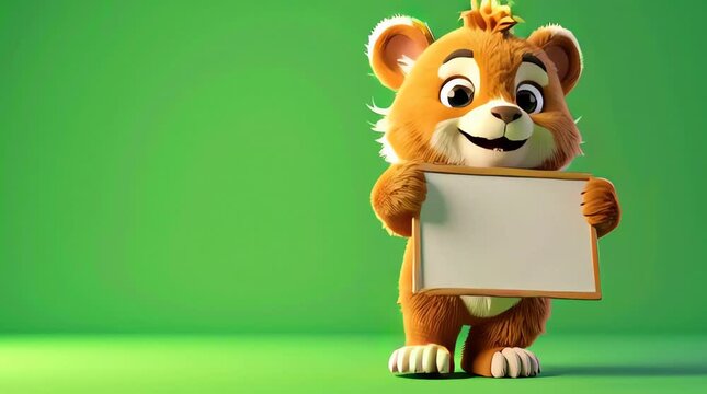 Charming cartoon bear mascot displaying a clean white empty signboard on a vivid green backdrop, ready for personalized text or creative content