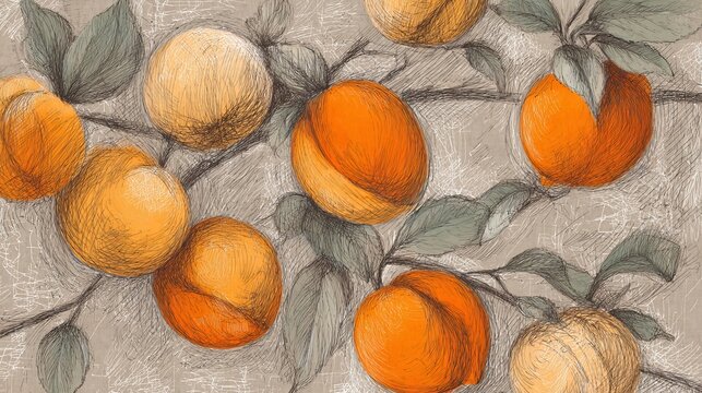Peaches or apricots, drawn with crayon and pencil, create a natural background. This funky pattern uses chalk and charcoal textures for packaging.