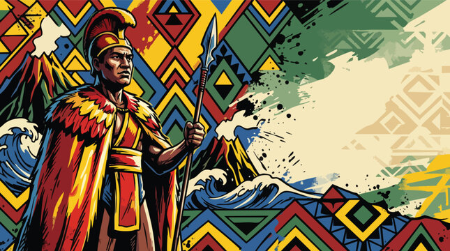Traditional Hawaiian Figure with Spear Against Abstract Geometric Background