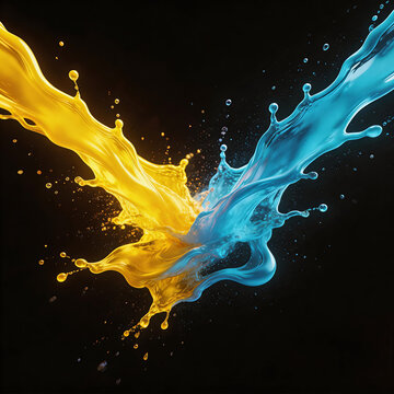 Two streams of yellow and blue liquid collide against a black background, creating dynamic splashes and droplets. The abstract scene showcases fluid dynamics and vibrant color contrast.