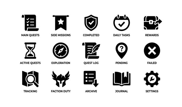 Set of 16 black icon designs for quests, tasks, and settings
