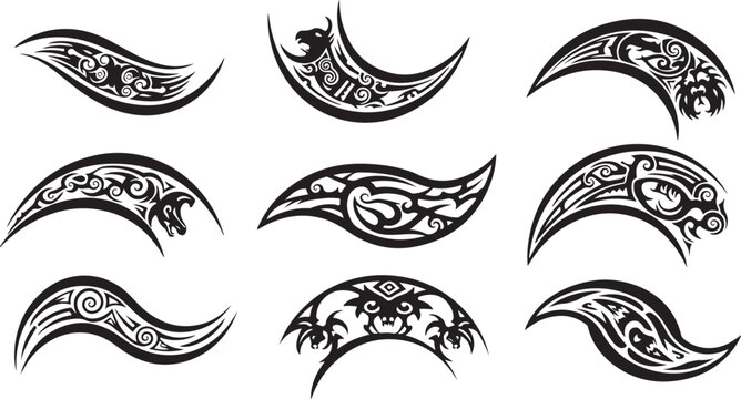 Tribal style curved blades with intricate designs and patterns