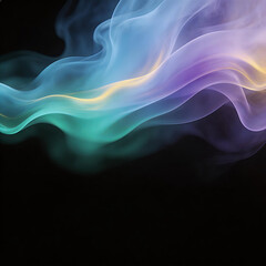 Fototapeta premium Abstract image of flowing, translucent smoke waves in vibrant hues (blue, purple, teal, yellow) on a black background, ideal for digital art or design projects.
