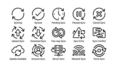 Fototapeta premium Various sync icons: cloud, server, network, error, conflict symbols
