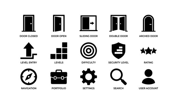 Icon set: door designs, security levels, navigation, and user interface elements