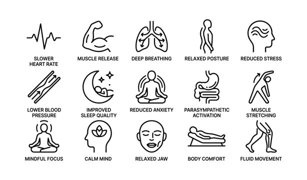 Wellness icons illustrating relaxation techniques and benefits