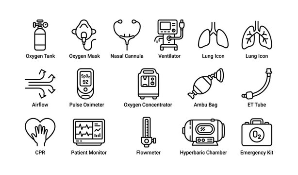 Medical equipment icons: oxygen, ventilator, lungs, airflow, hyperbaric chamber