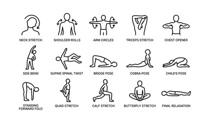 Naklejka na ściany i meble Illustrated guide to 15 simple stretching exercises for all ages
