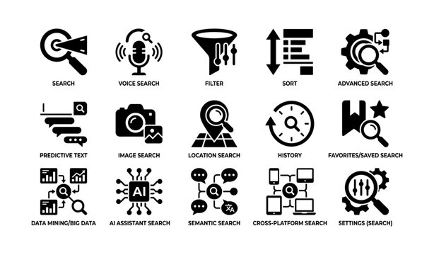 Search and technology icons: voice, ai, filter, sort, history, data mining