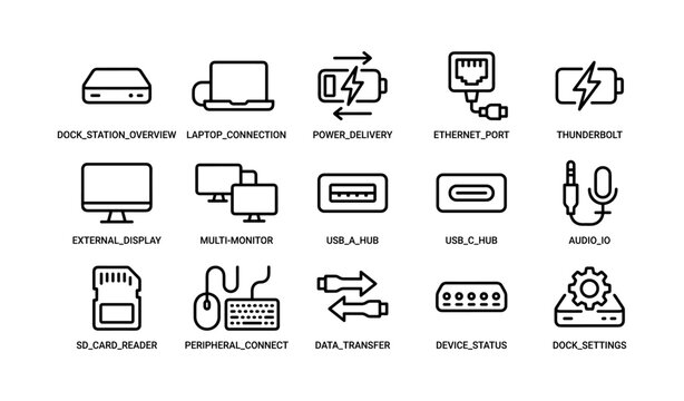 Icons of docking station features including usb ports and peripheral connections