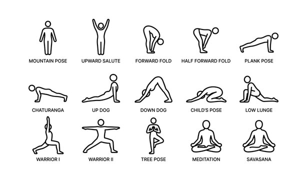 Illustrated guide to basic yoga poses with stick figures for beginners