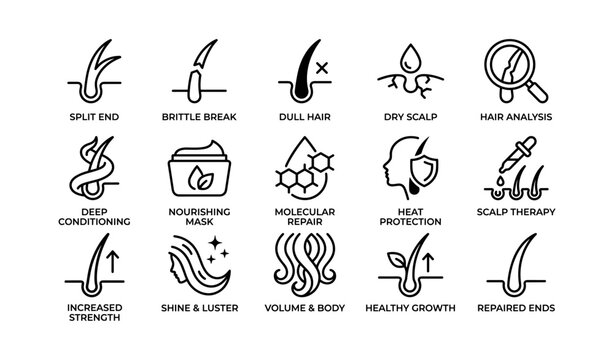 Hair care icons: split ends, nourishing masks, scalp therapy, strength, growth