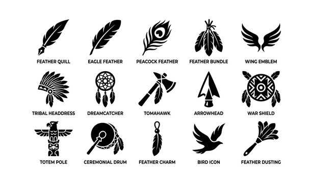 Native american icons collection: feather quill, headdress, totem, drum, tomahawk, arrowhead