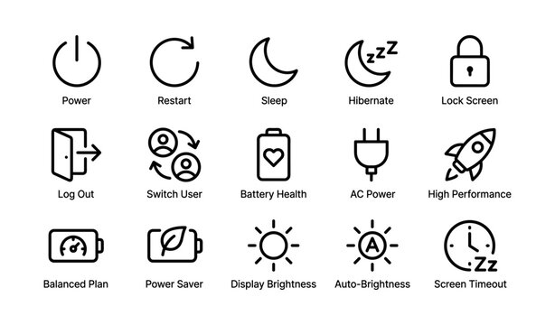 Collection of computer icon set including power, sleep, battery, and screen settings
